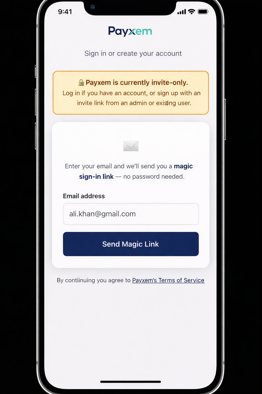 Payxem signup and login screen